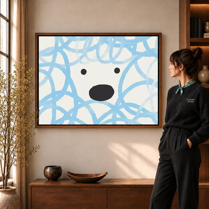 playful curly dog canvas art shown in the walnut frame option within a warm living room.