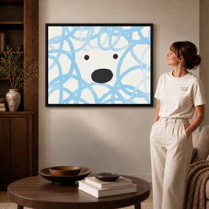 playful curly dog canvas art shown in the black frame option against a softly lit wall.