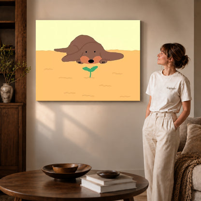 gentle puppy sprout canvas art on gallery-wrapped canvas with visible edge depth beside a standing woman.