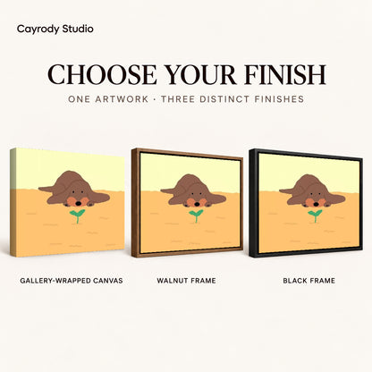 gentle puppy sprout canvas art compared across gallery-wrapped canvas, walnut frame, and black frame finishes.