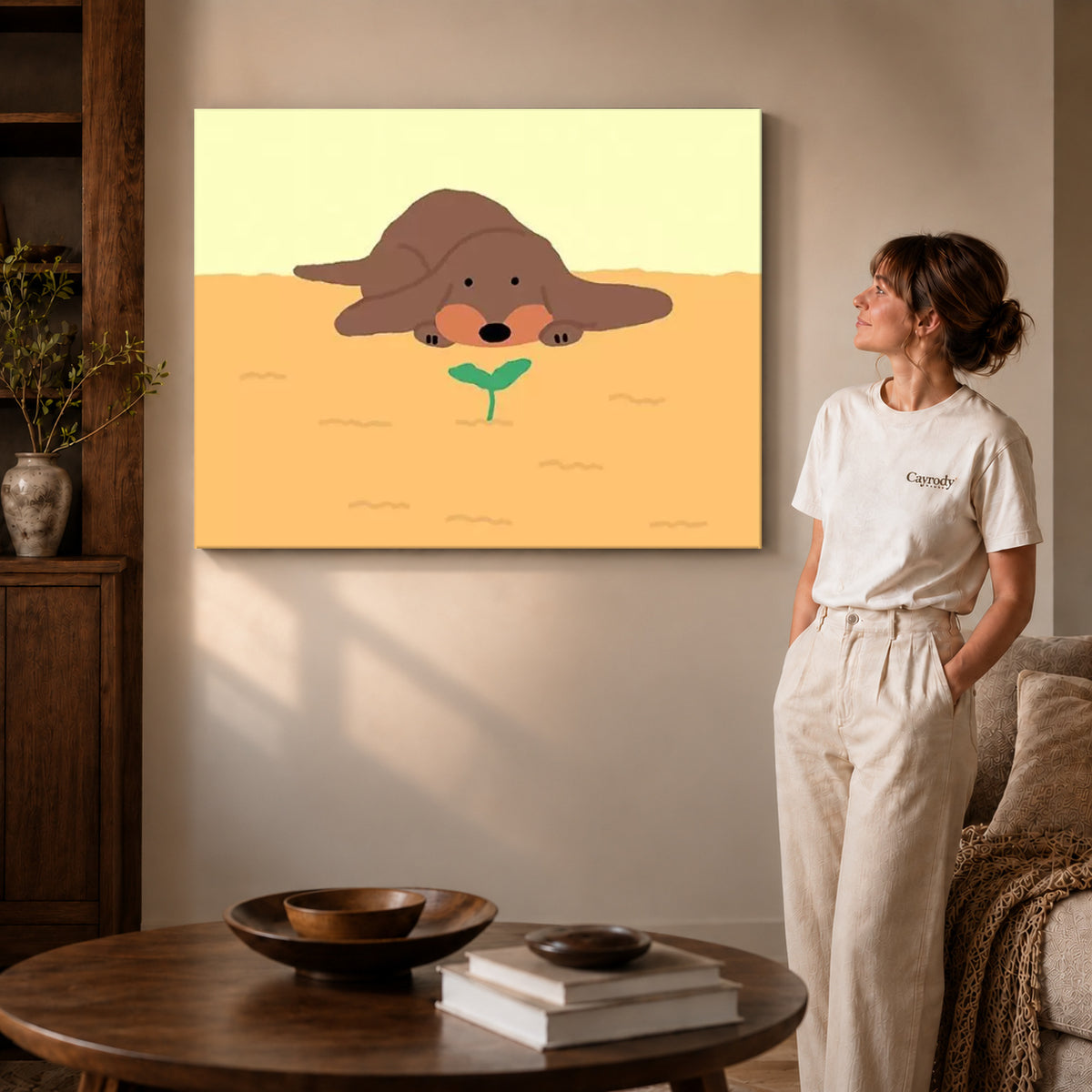 gentle puppy sprout canvas art shown in the gallery-wrapped option with natural side shading and warm surroundings.