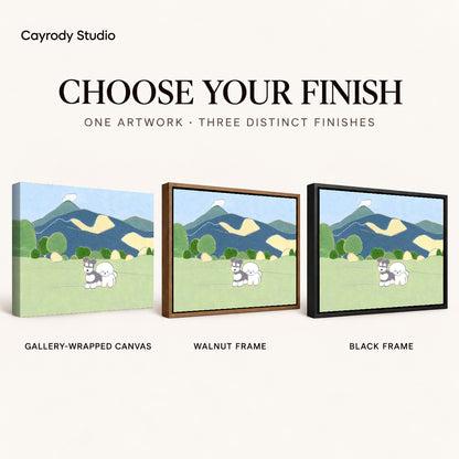 peaceful mountain dogs canvas art compared across gallery-wrapped canvas, walnut frame, and black frame finishes.
