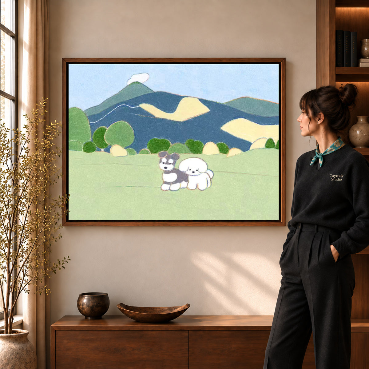 peaceful mountain dogs canvas art shown in the walnut frame option within a warm living room.