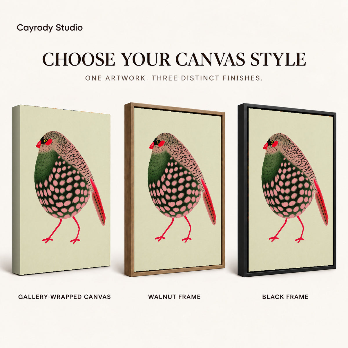 decorative spotted finch canvas art compared across gallery-wrapped canvas, walnut frame, and black frame finishes.