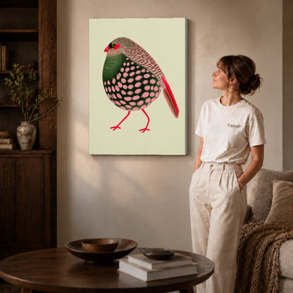 decorative spotted finch canvas art shown in the gallery-wrapped option with visible depth and warm surroundings.
