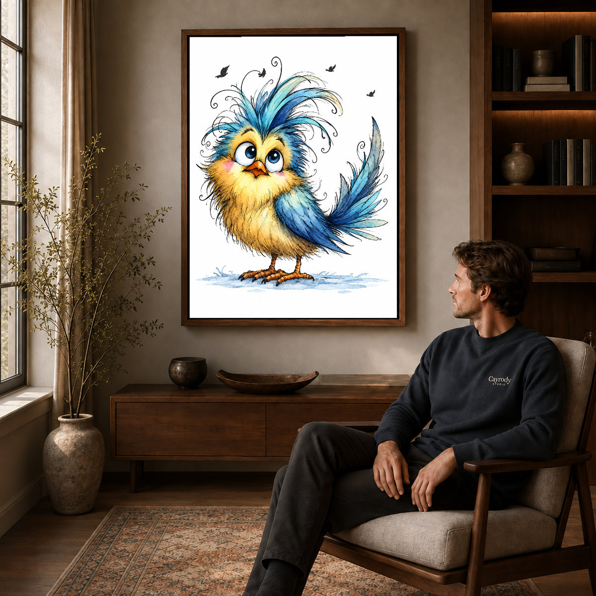 whimsical blue crest bird canvas art in a walnut frame above a console beside a seated man.