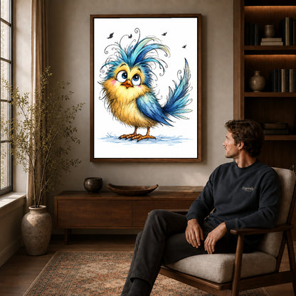 whimsical blue crest bird canvas art in a walnut frame above a console beside a seated man.