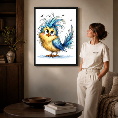 whimsical blue crest bird canvas art in a black frame beside a woman and round wooden table.
