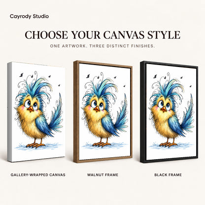 whimsical blue crest bird canvas art compared across gallery-wrapped canvas, walnut frame, and black frame finishes.