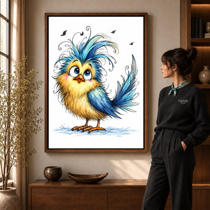 whimsical blue crest bird canvas art shown in the walnut frame option within a warm living room.