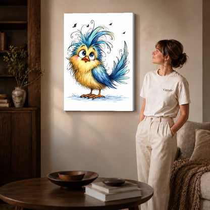whimsical blue crest bird canvas art shown in the gallery-wrapped option with visible depth and warm surroundings.