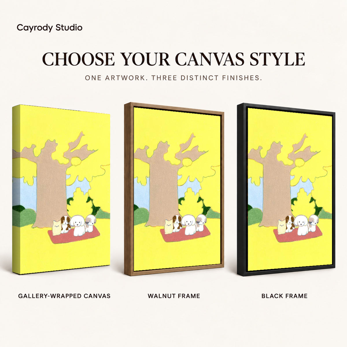 gentle autumn pet picnic canvas art compared across gallery-wrapped canvas, walnut frame, and black frame finishes.