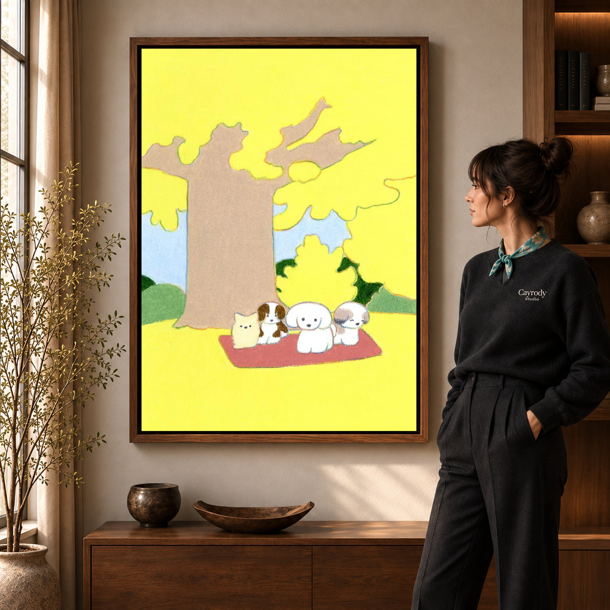gentle autumn pet picnic canvas art shown in the walnut frame option within a warm living room.
