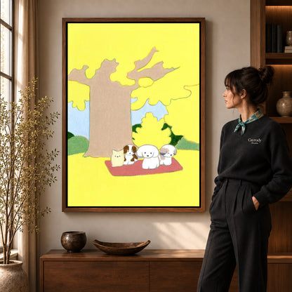gentle autumn pet picnic canvas art shown in the walnut frame option within a warm living room.
