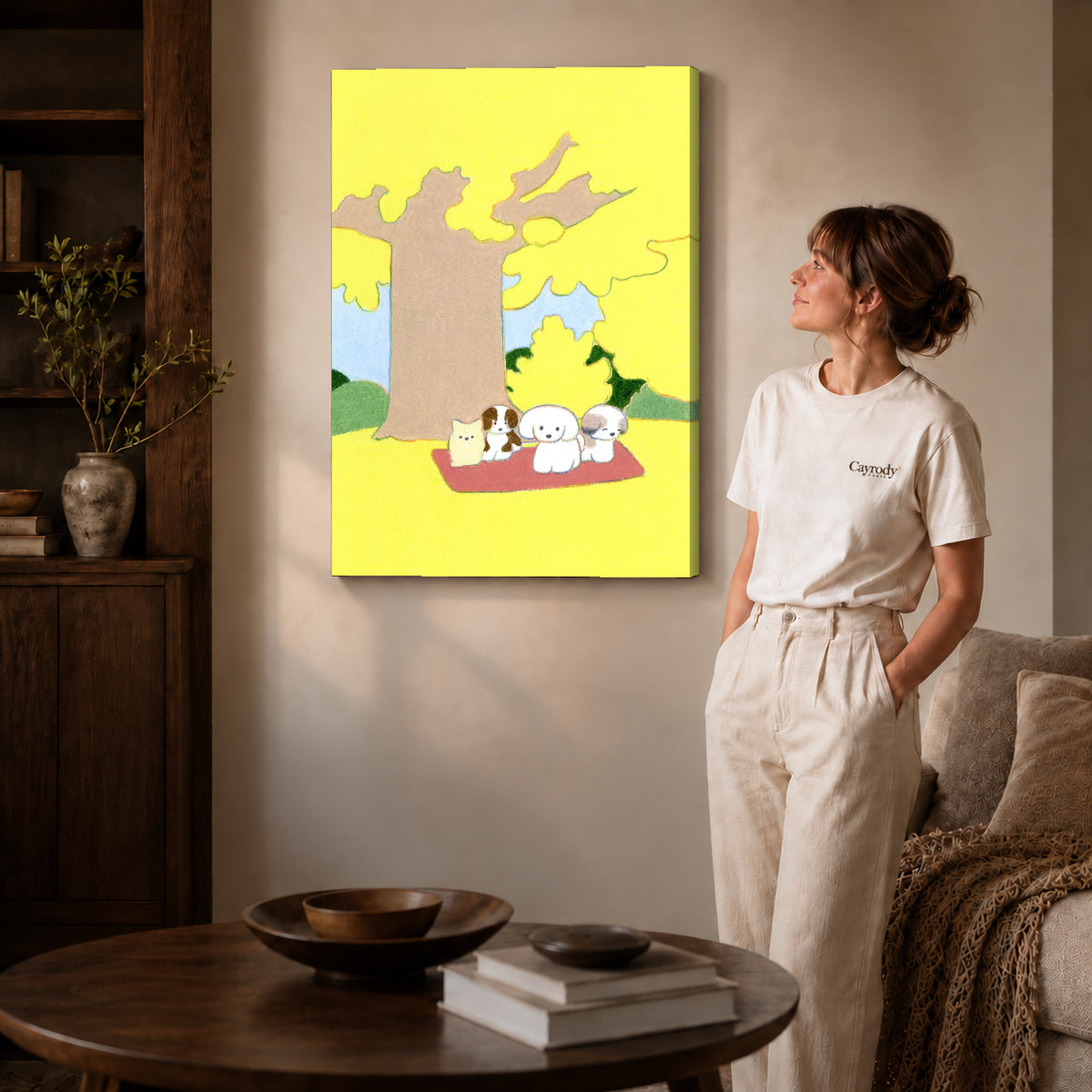 gentle autumn pet picnic canvas art shown in the gallery-wrapped option with visible depth and warm surroundings.