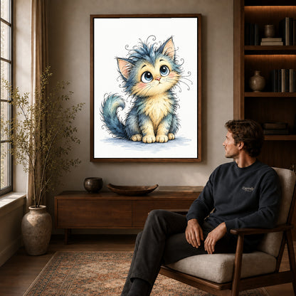 whimsical fluffy kitten canvas art in a walnut frame above a console beside a seated man.