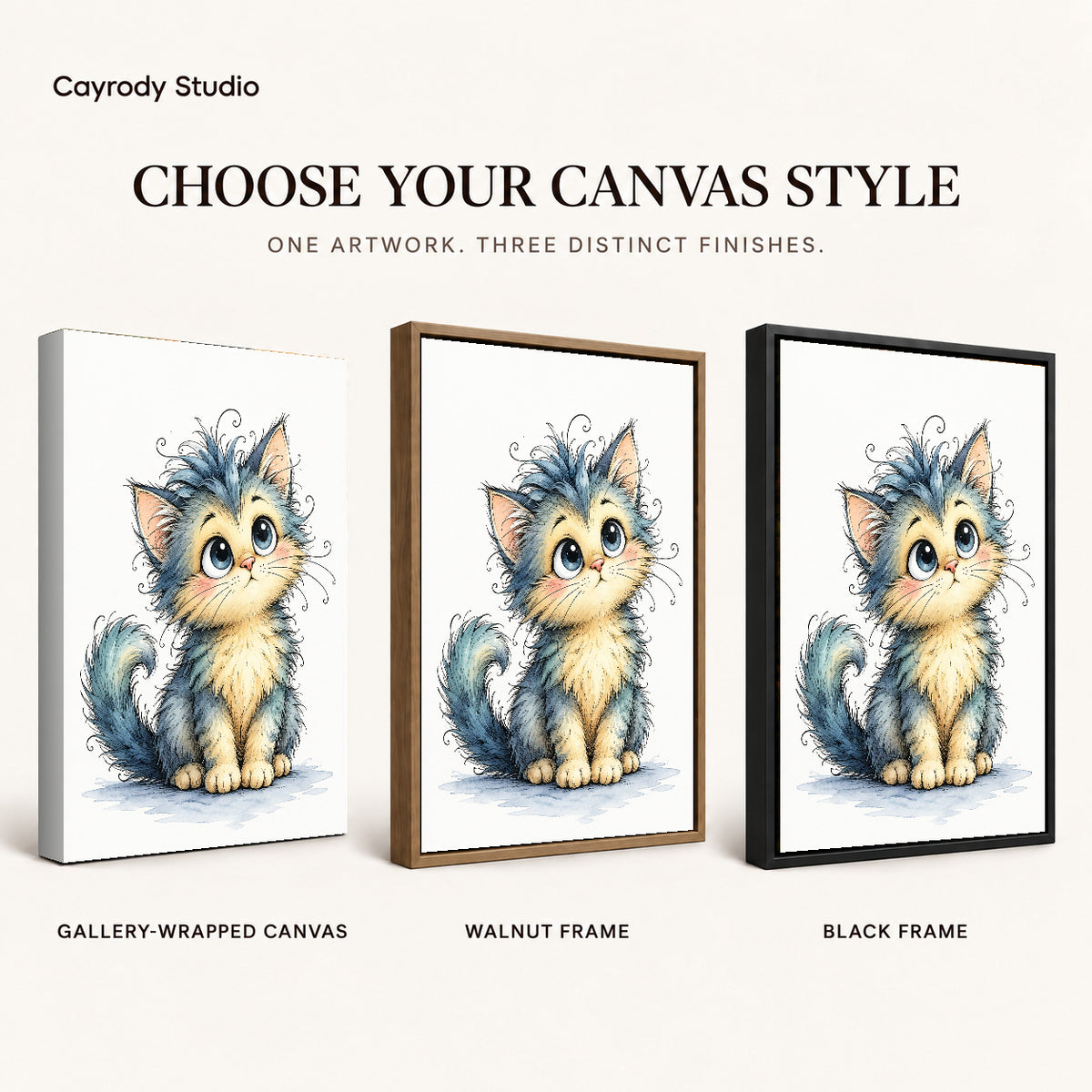 whimsical fluffy kitten canvas art compared across gallery-wrapped canvas, walnut frame, and black frame finishes.