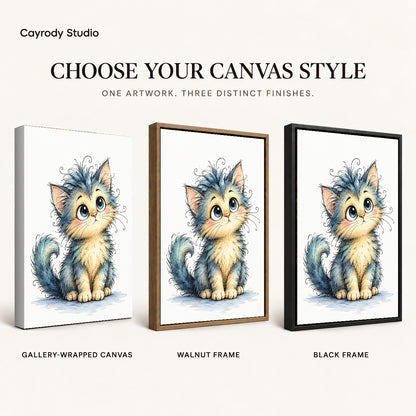 whimsical fluffy kitten canvas art compared across gallery-wrapped canvas, walnut frame, and black frame finishes.