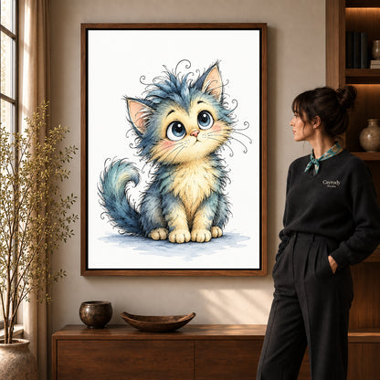 whimsical fluffy kitten canvas art shown in the walnut frame option within a warm living room.