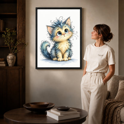 whimsical fluffy kitten canvas art shown in the black frame option against a softly lit wall.