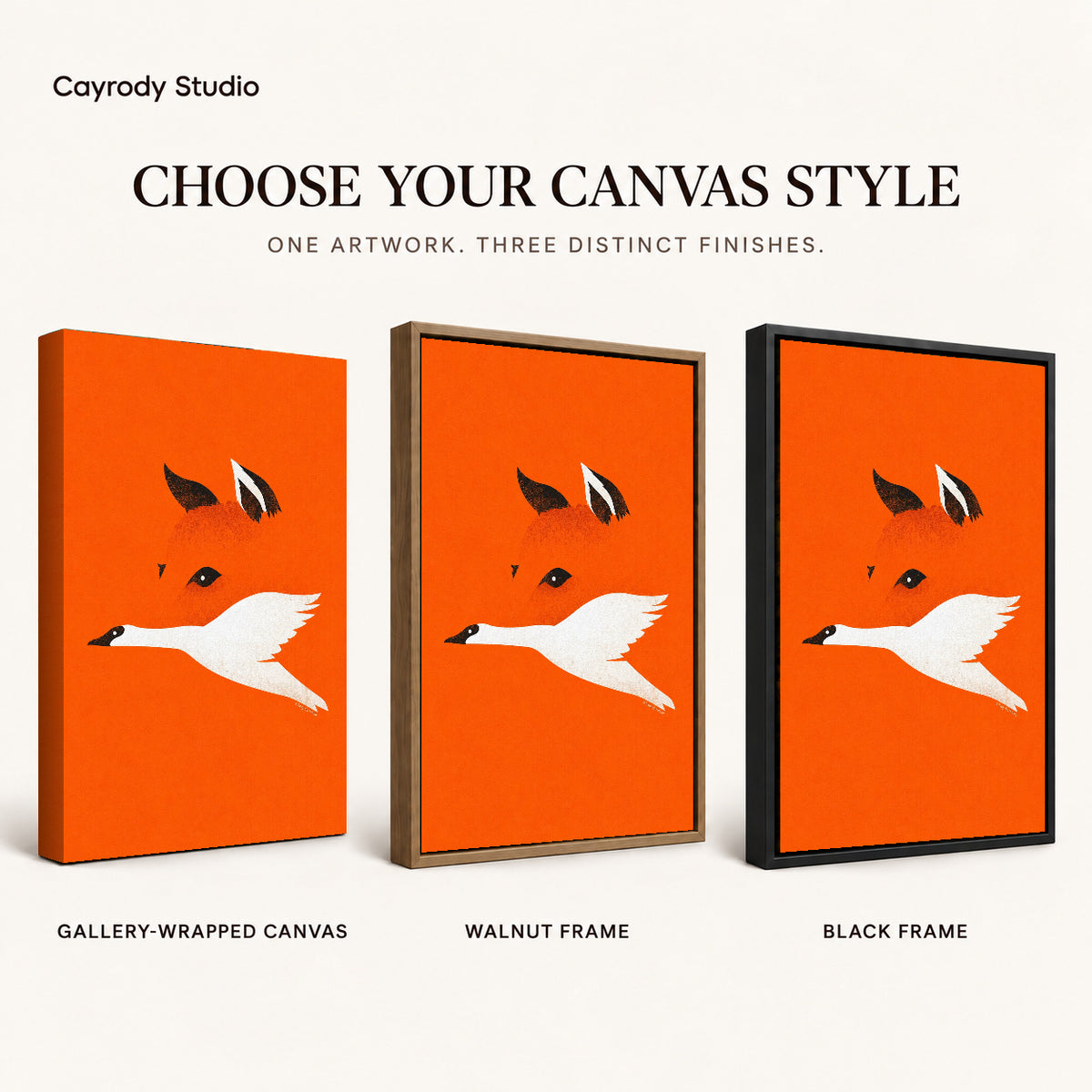 minimalist fox bird canvas art compared across gallery-wrapped canvas, walnut frame, and black frame finishes.
