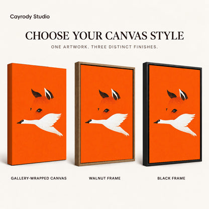 minimalist fox bird canvas art compared across gallery-wrapped canvas, walnut frame, and black frame finishes.
