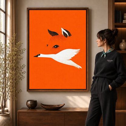 minimalist fox bird canvas art shown in the walnut frame option within a warm living room.