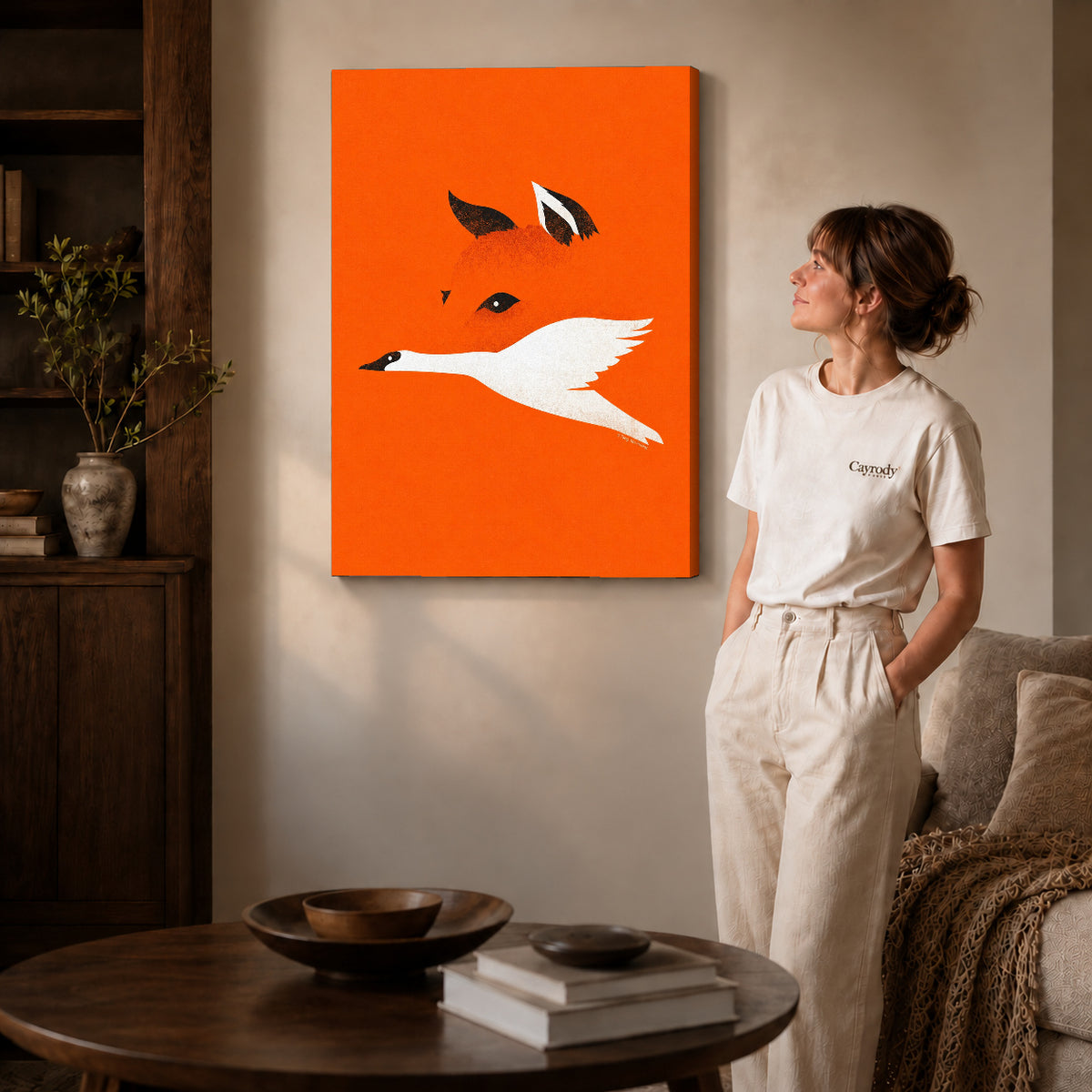 minimalist fox bird canvas art shown in the gallery-wrapped option with visible depth and warm surroundings.