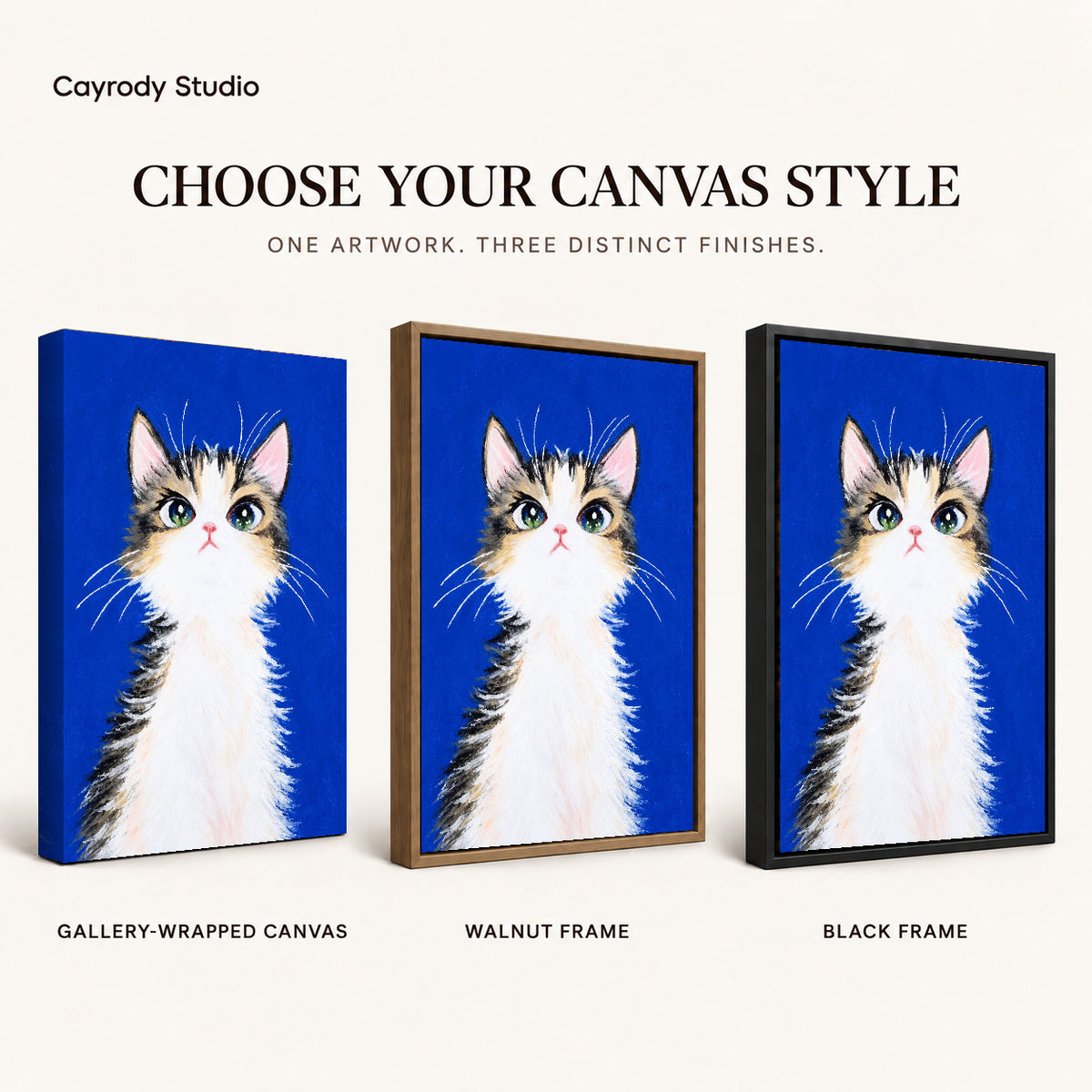 gentle blue kitten canvas art compared across gallery-wrapped canvas, walnut frame, and black frame finishes.