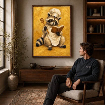 vintage raccoon chef canvas art in a walnut frame above a console beside a seated man.
