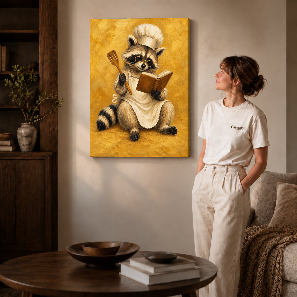 vintage raccoon chef canvas art on gallery-wrapped canvas with natural edge shading beside a standing woman.