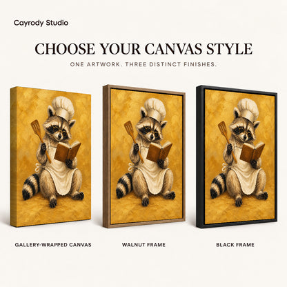 vintage raccoon chef canvas art compared across gallery-wrapped canvas, walnut frame, and black frame finishes.
