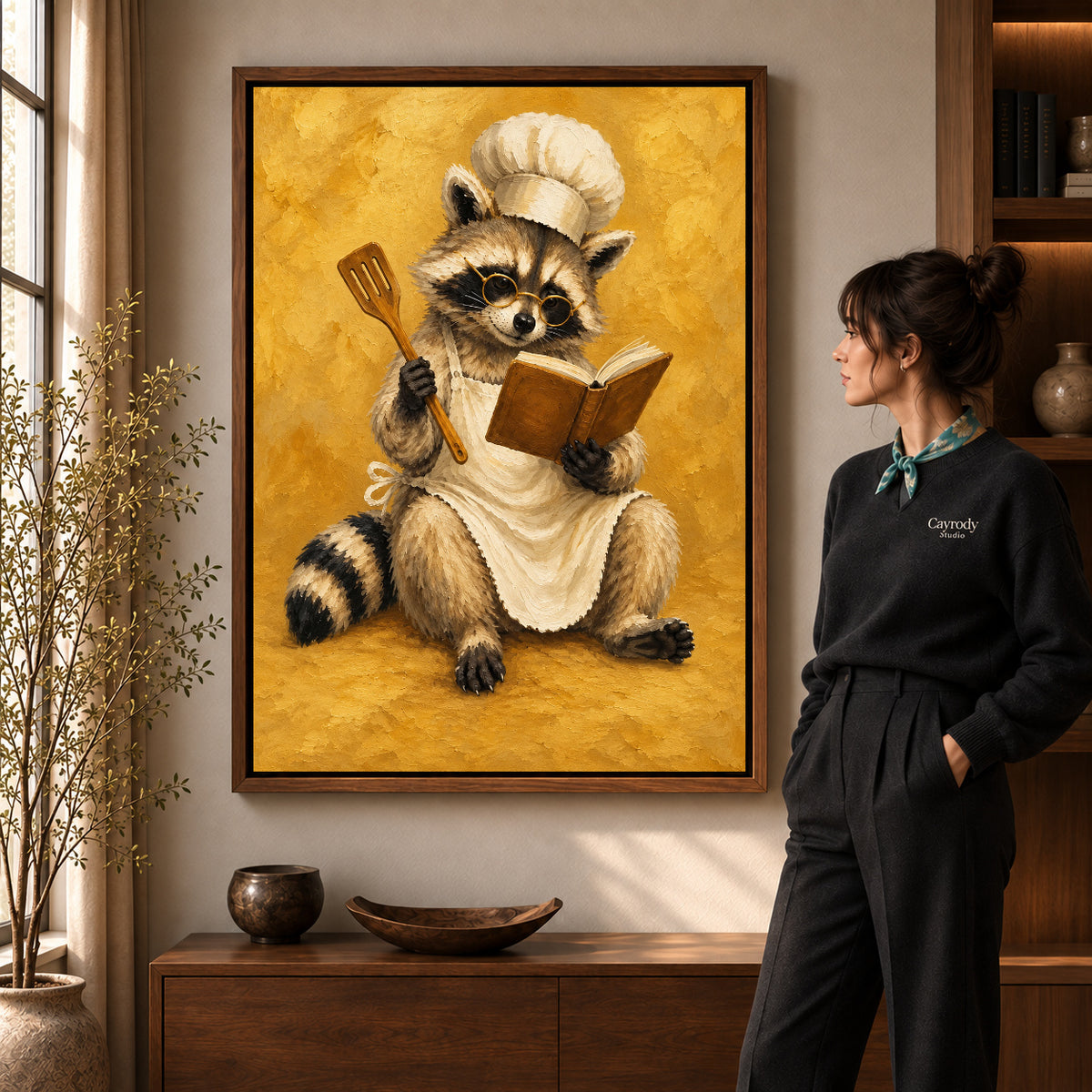 vintage raccoon chef canvas art shown in the walnut frame option within a warm living room.