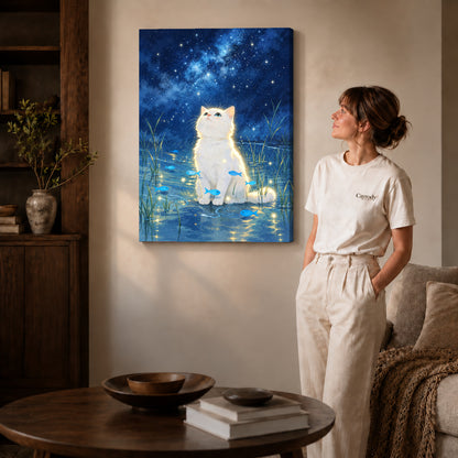 dreamy starlight kitten canvas art on gallery-wrapped canvas with natural edge shading beside a standing woman.
