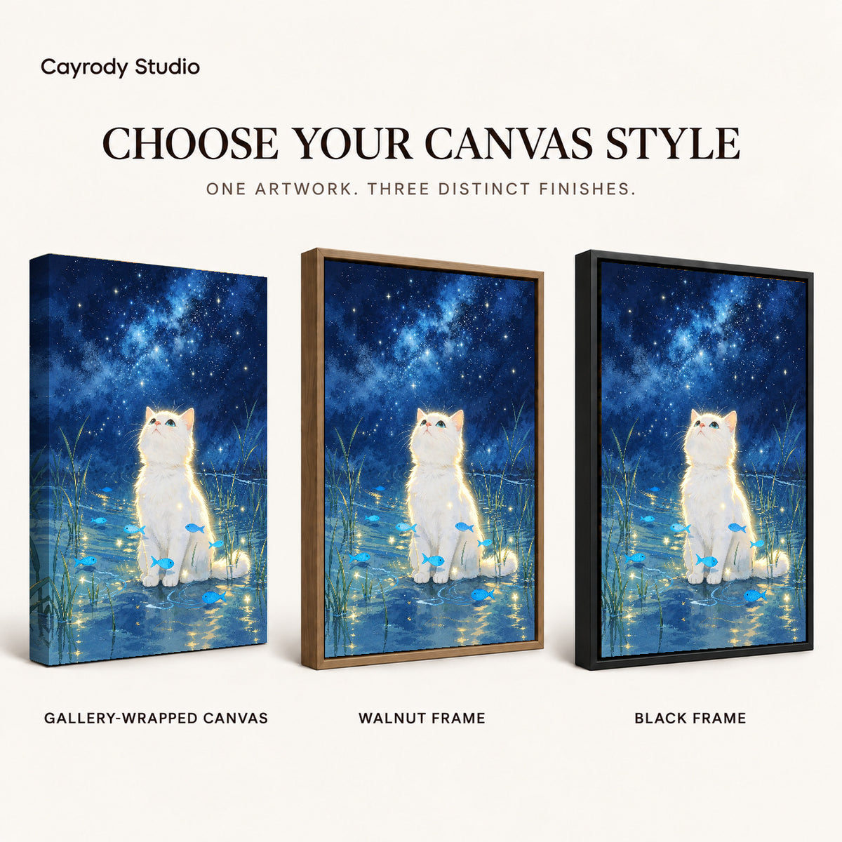 dreamy starlight kitten canvas art compared across gallery-wrapped canvas, walnut frame, and black frame finishes.