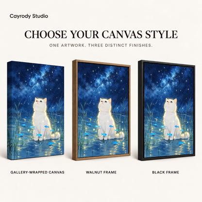 dreamy starlight kitten canvas art compared across gallery-wrapped canvas, walnut frame, and black frame finishes.