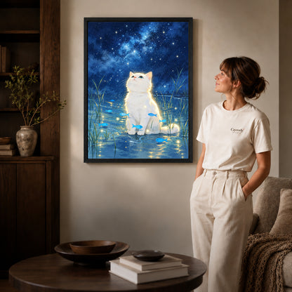 dreamy starlight kitten canvas art shown in the black frame option against a softly lit wall.