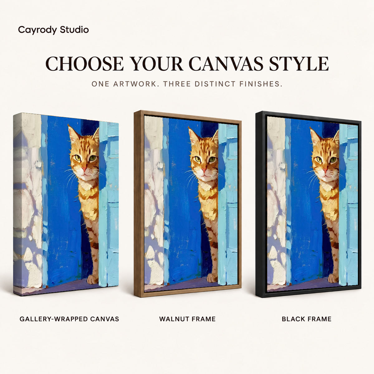 painterly doorway cat canvas art compared across gallery-wrapped canvas, walnut frame, and black frame finishes.