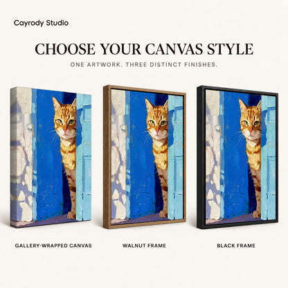 painterly doorway cat canvas art compared across gallery-wrapped canvas, walnut frame, and black frame finishes.