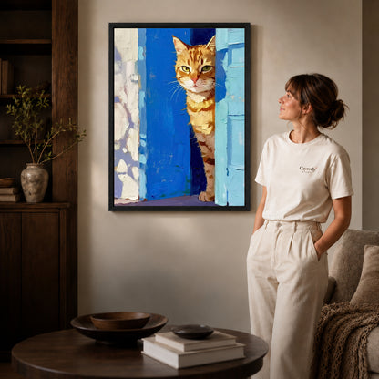 painterly doorway cat canvas art shown in the black frame option against a softly lit wall.