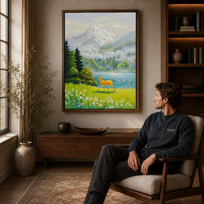 alpine deer meadow canvas art in a walnut frame above a console beside a seated man.