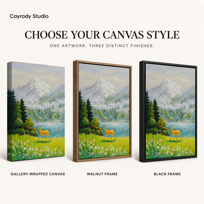 alpine deer meadow canvas art compared across gallery-wrapped canvas, walnut frame, and black frame finishes.