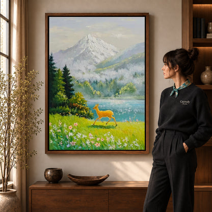 alpine deer meadow canvas art shown in the walnut frame option within a warm living room.
