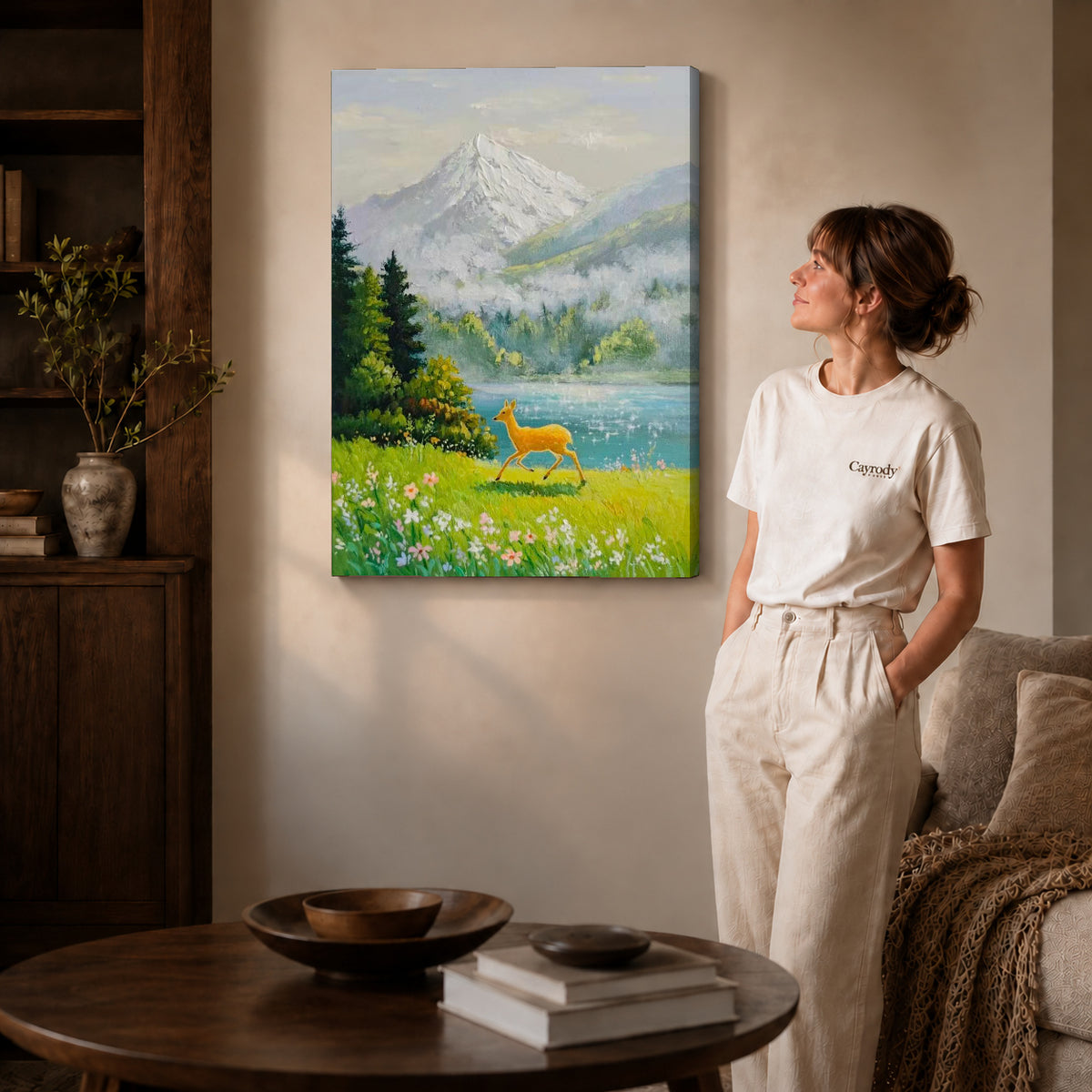 alpine deer meadow canvas art shown in the gallery-wrapped option with visible depth and warm surroundings.