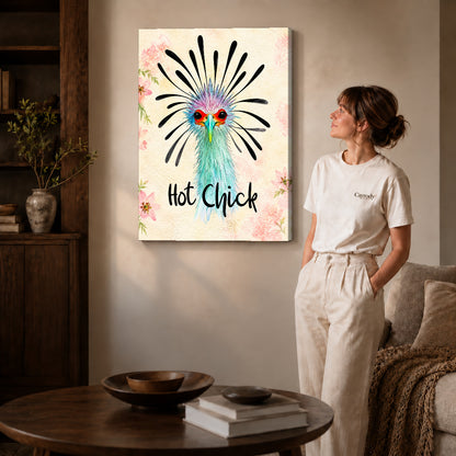 playful hot chick canvas art on gallery-wrapped canvas with natural edge shading beside a standing woman.
