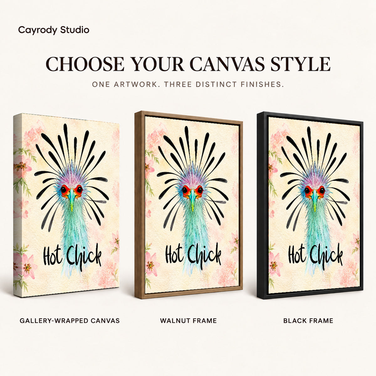 playful hot chick canvas art compared across gallery-wrapped canvas, walnut frame, and black frame finishes.