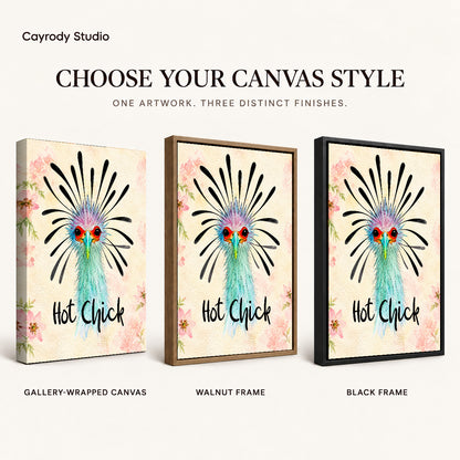 playful hot chick canvas art compared across gallery-wrapped canvas, walnut frame, and black frame finishes.