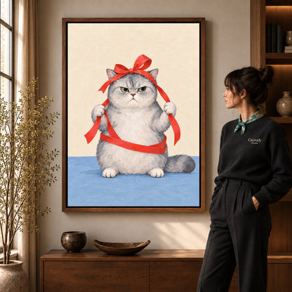 grumpy ribbon cat canvas art in a walnut frame beside a standing woman and wooden console.