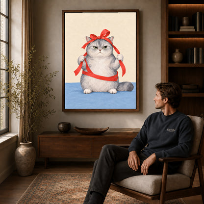 grumpy ribbon cat canvas art in a walnut frame above a console beside a seated man.
