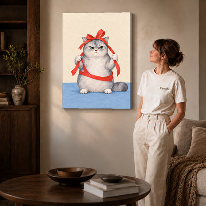 grumpy ribbon cat canvas art on gallery-wrapped canvas with natural edge shading beside a standing woman.